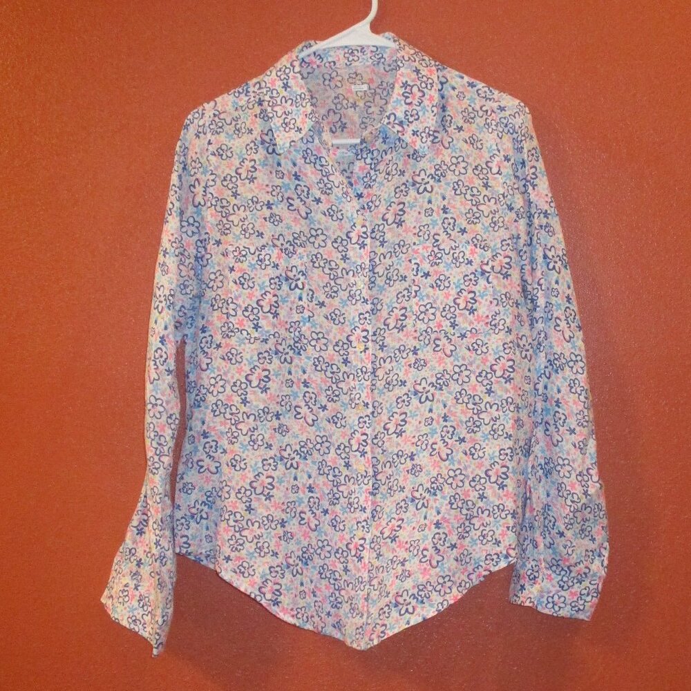 Lilly Pulitzer Shirt Woman Large White Blue Pink Floral Button Down Long Sleeve
